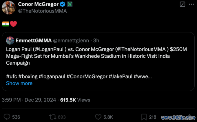 Conor McGregor dẫn bài đăng đạt thỏa thuận thượng đài với Logan Paul. Ảnh chụp màn hình